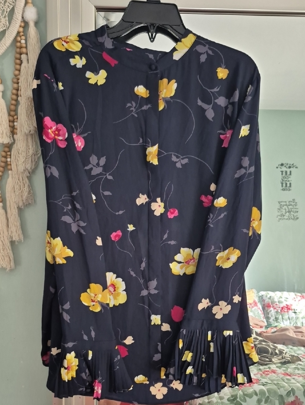 Ann Taylor Navy Floral Long-Sleeve Blouse